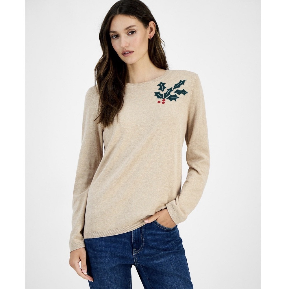 Tommy Hilfiger Holiday Sweater Womens L‎ Beige Knit Holly Crewneck